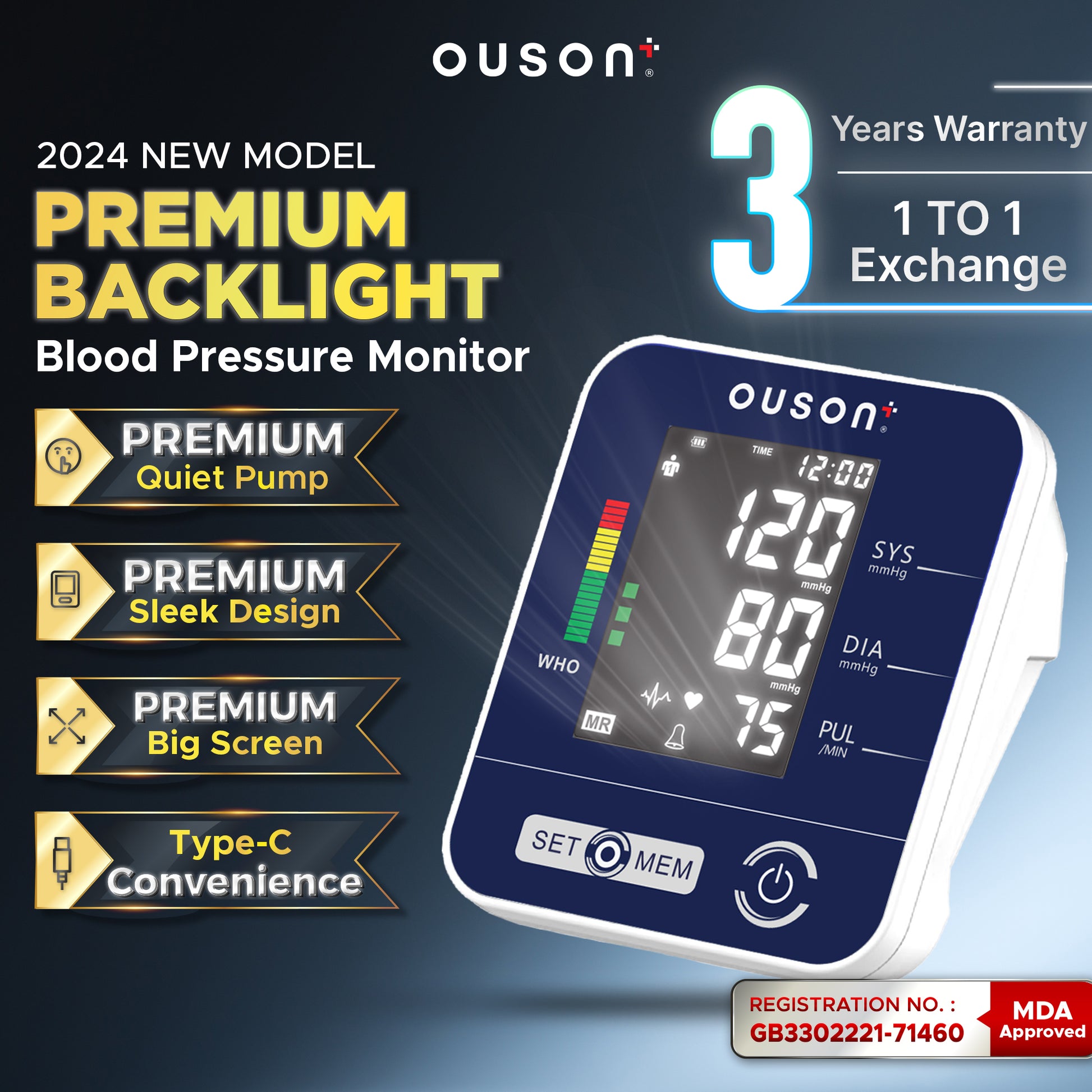 Ouson Home Pro 3.5" Backlight Arm-Type Electronic Blood Pressure Monitor