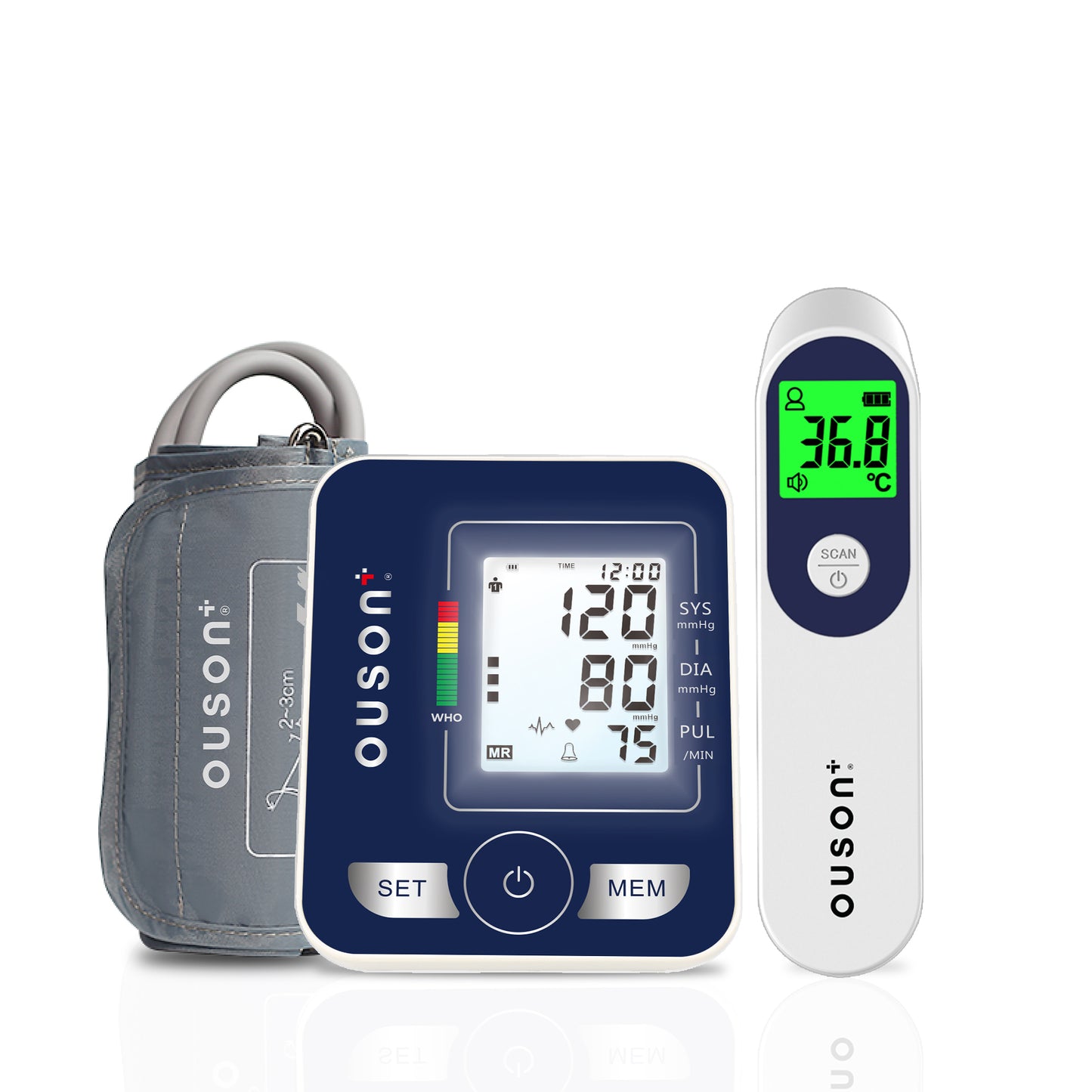 Ouson Travel Elite Backlight Arm Type Blood Pressure Monitor & Infrared Thermometer Bundle