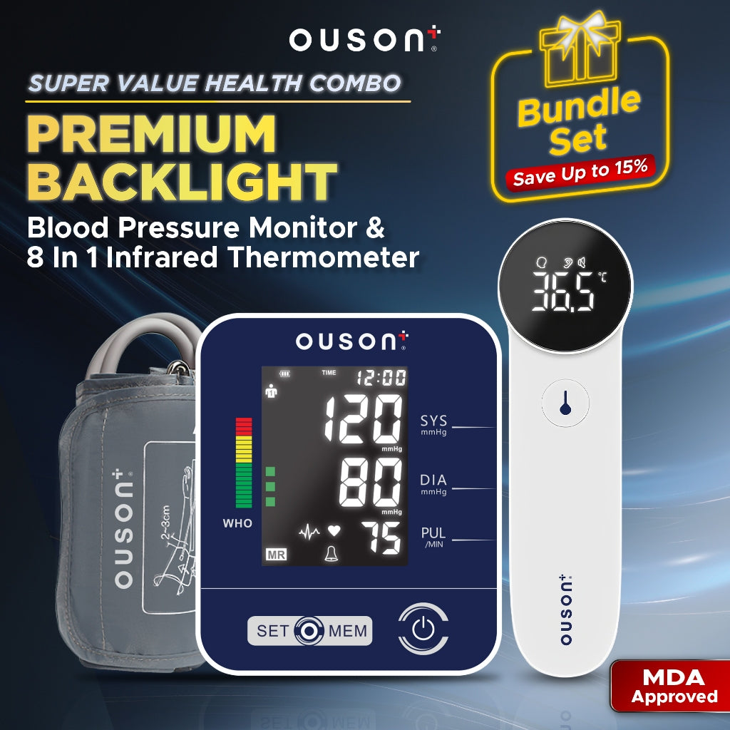 Ouson Home Pro 3.5" Backlight Arm-Type Electronic Blood Pressure Monitor + Thermo Rapid 8-In-1 Backlight Infrared Thermometer (Bundle)