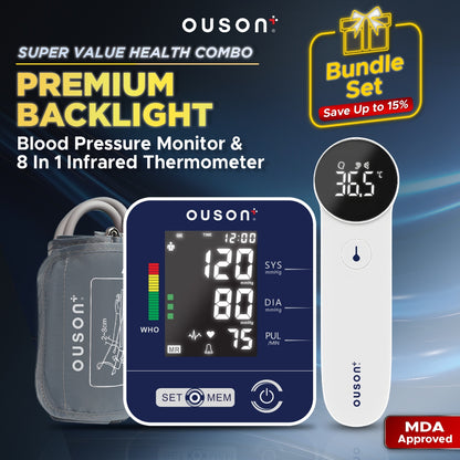 Ouson Home Pro 3.5" Backlight Arm-Type Electronic Blood Pressure Monitor + Thermo Rapid 8-In-1 Backlight Infrared Thermometer (Bundle)